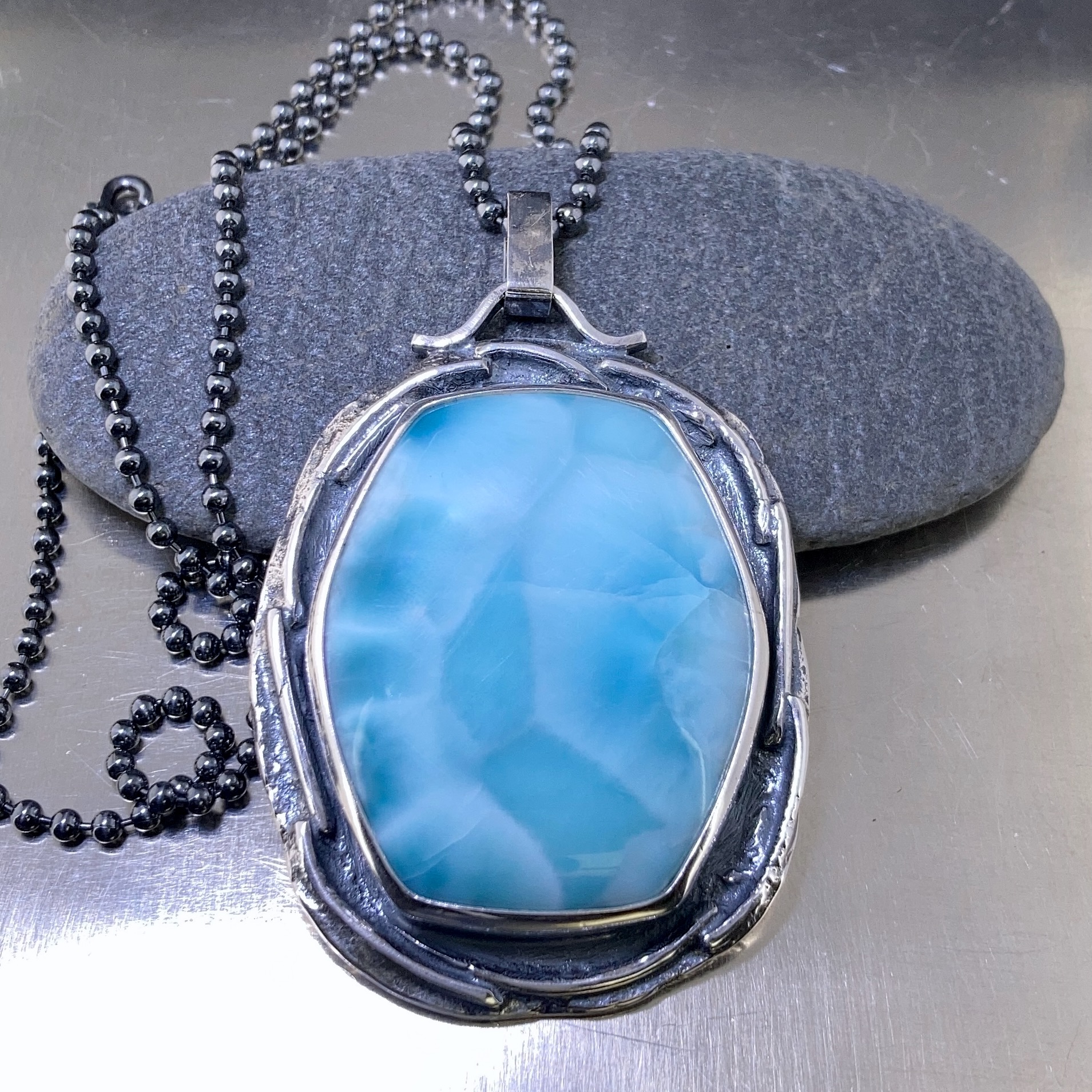 larimar pendant - Argentium silver wax seal - antique