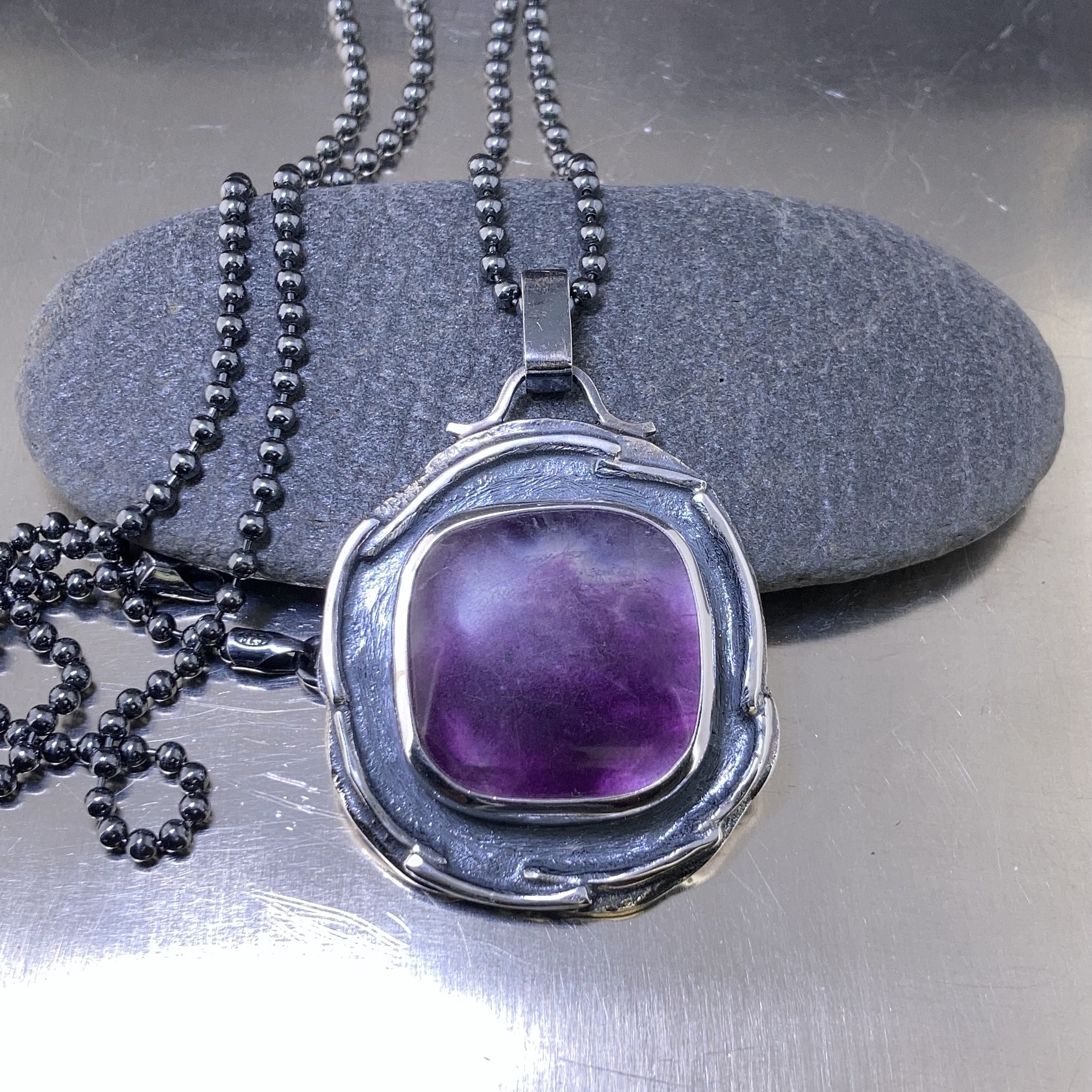 flourite pendant - Argentium silver wax seal - antique