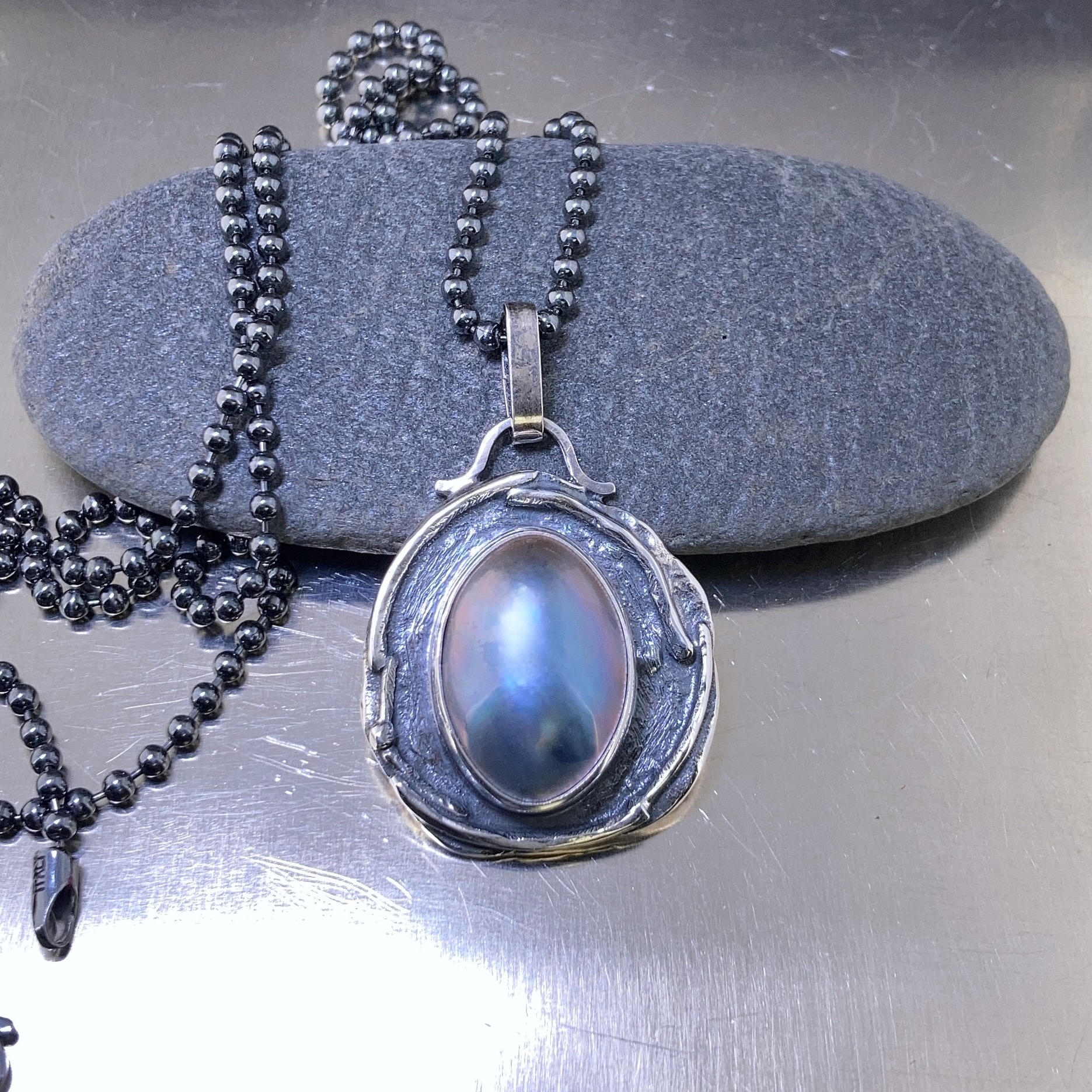 mabe' pearl pendant - Argentium silver wax seal