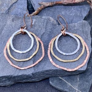 copper, brass, Argentium silver freeform circle earrings - stacked
