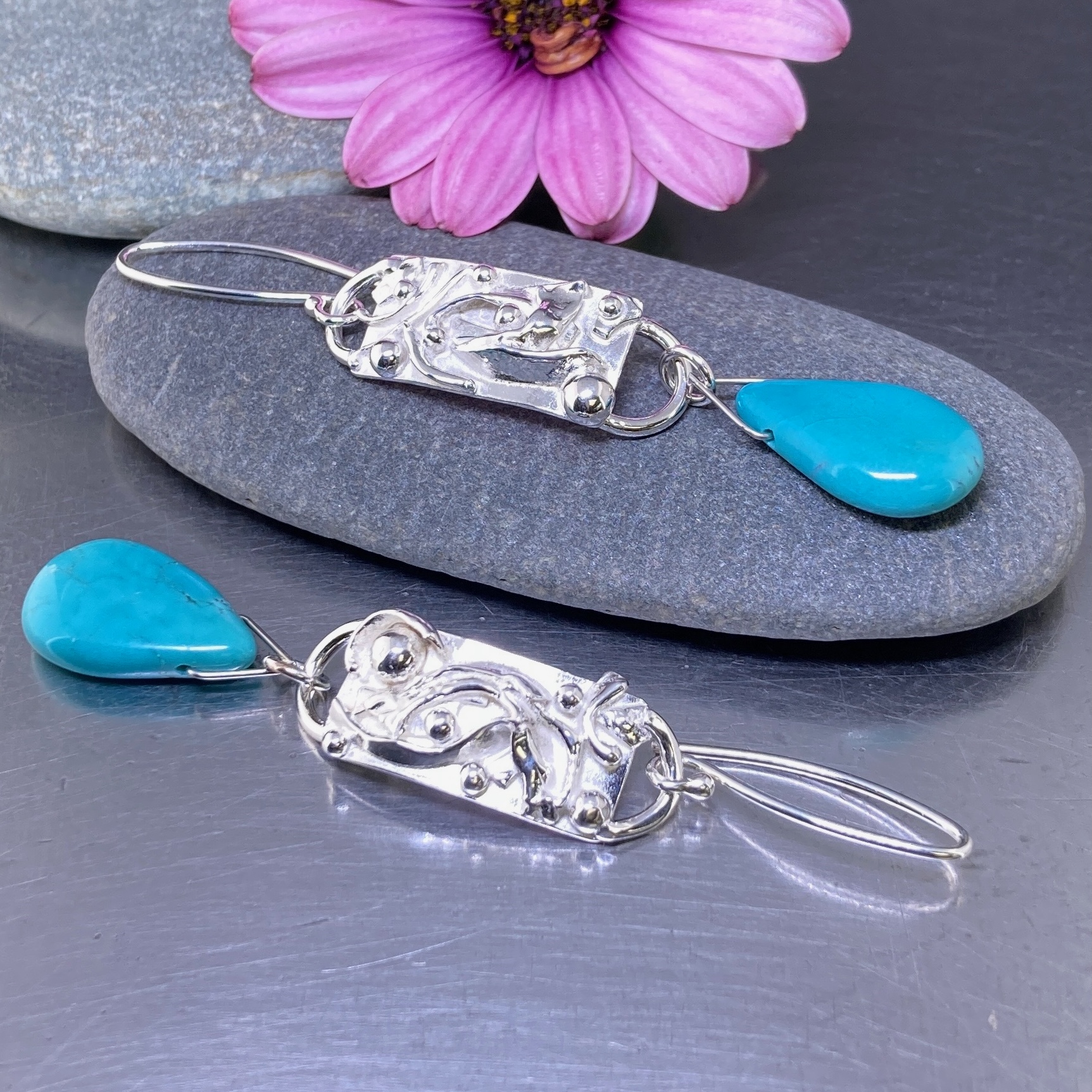 turquoise earrings - rapids - Argentium silver