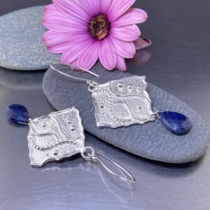 sapphire earrings - square waves - Argentium silver