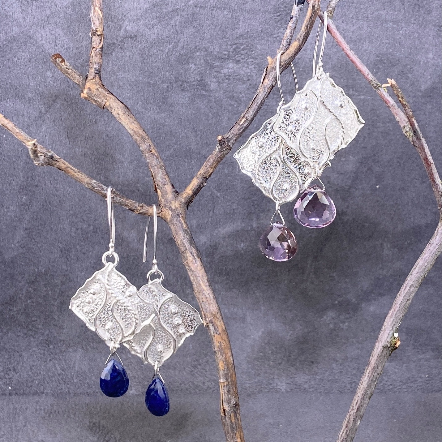 ametrine earrings - large square waves - Argentium silver - Image 3