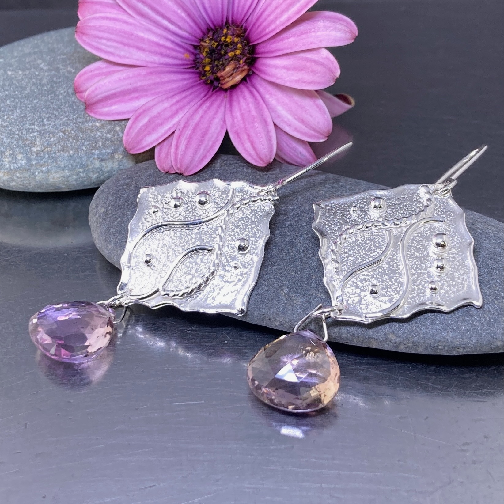 ametrine earrings - large square waves - Argentium silver