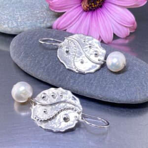 pearl earrings - oval waves - Argentium silver