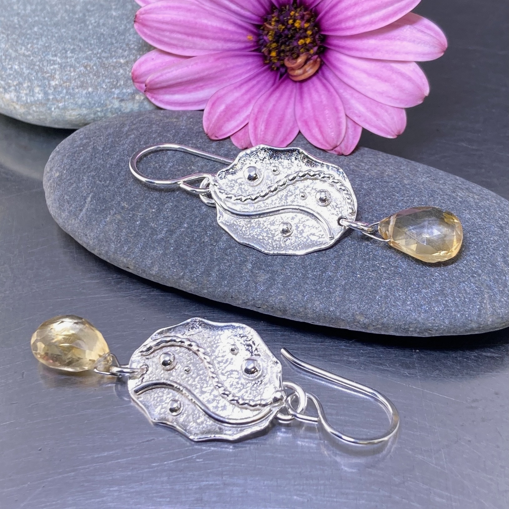 citrine earrings - oval waves - Argentium silver