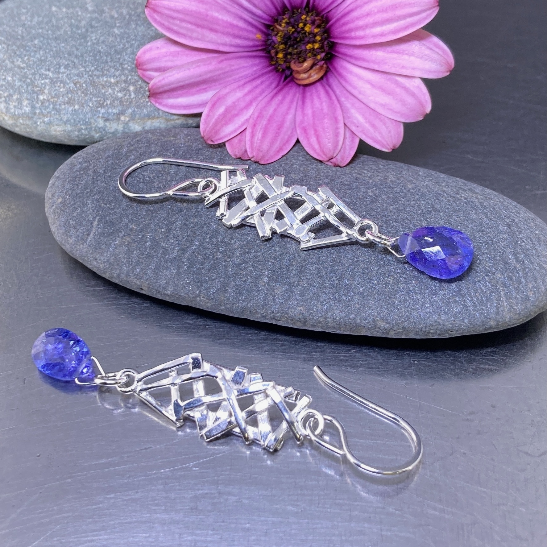 tanzanite earrings - twigs - Argentium silver