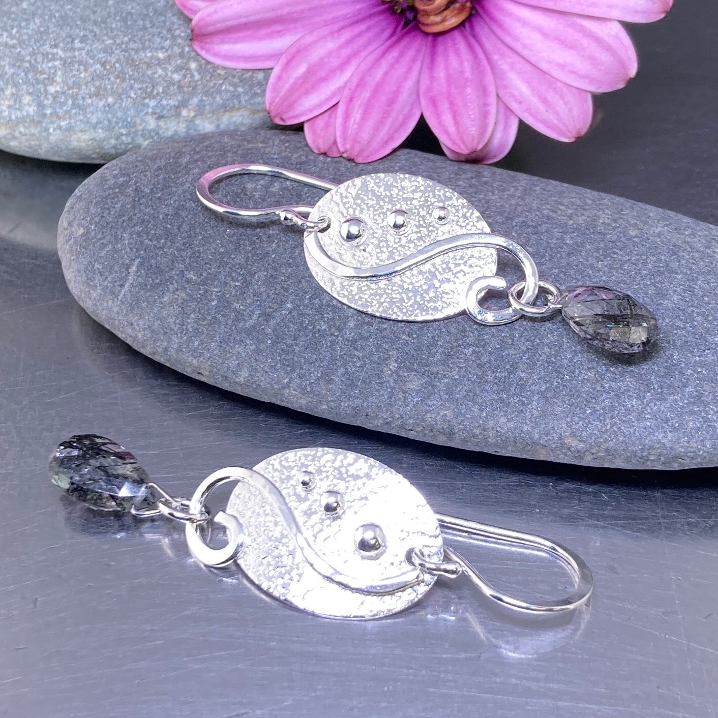 tourmilated quartz earrings - oval waves - Argentium silver