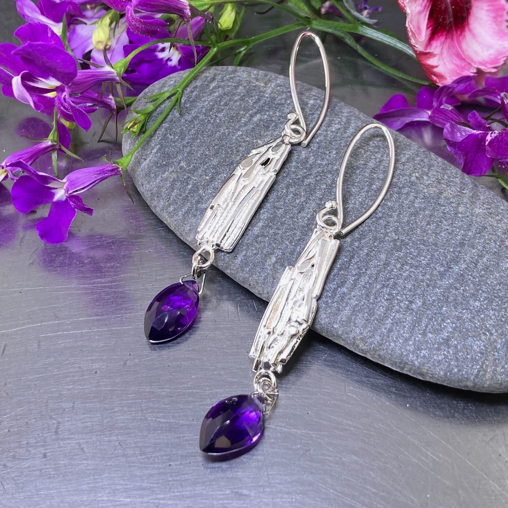 amethyst earrings – long bark – Argentium silver