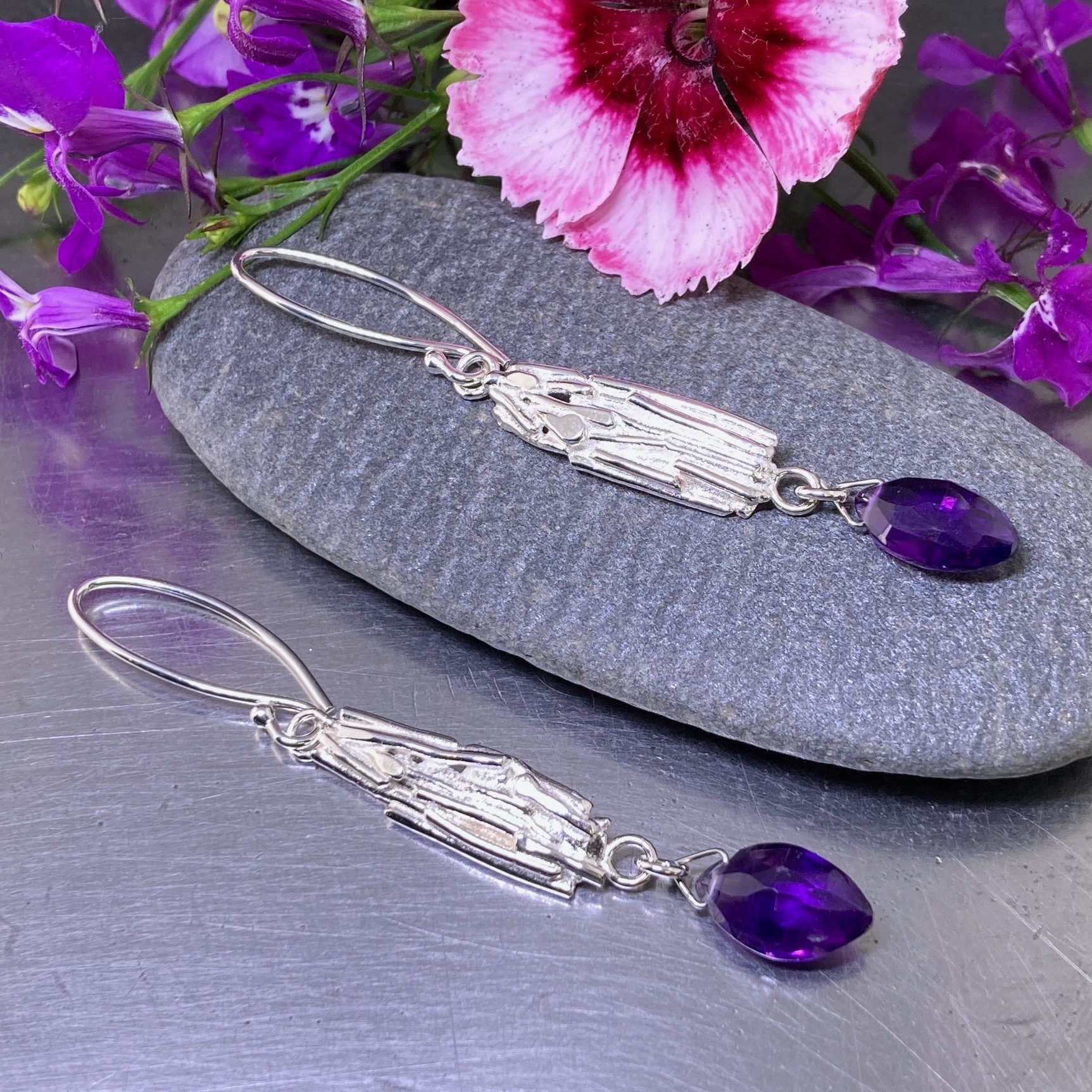 amethyst earrings – long bark – Argentium silver - Image 3
