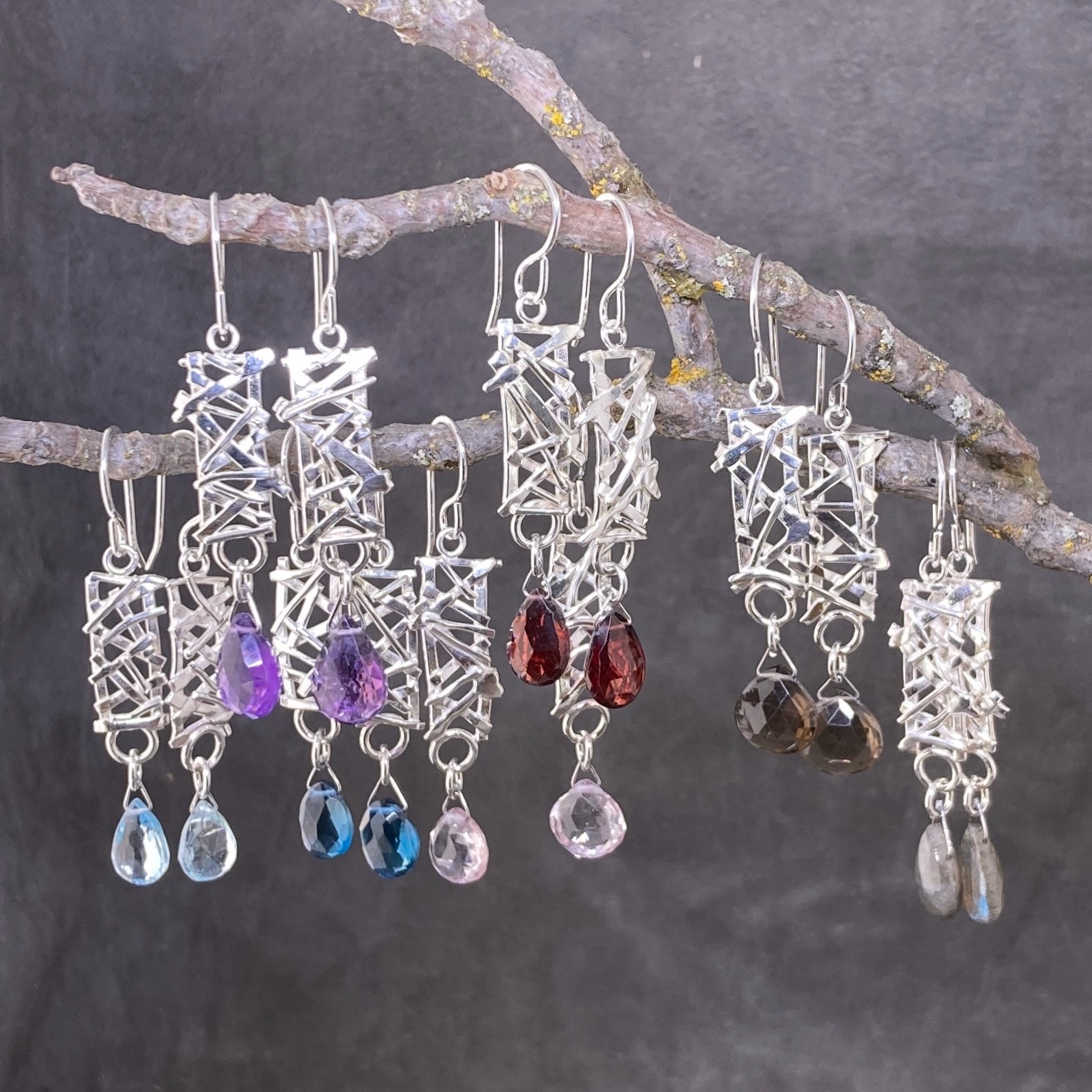 gemstone earrings – twig rectangles – Argentium silver - Image 2