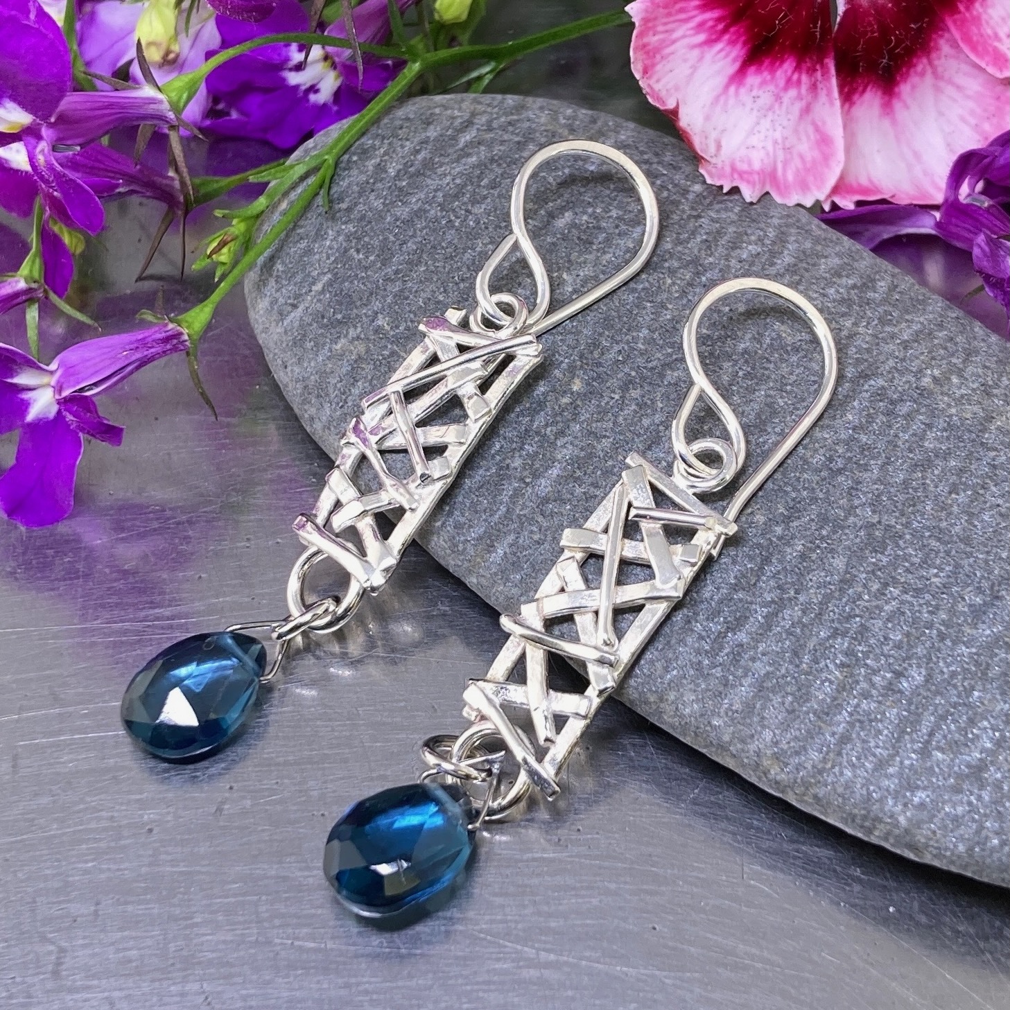 gemstone earrings – twig rectangles – Argentium silver - Image 4