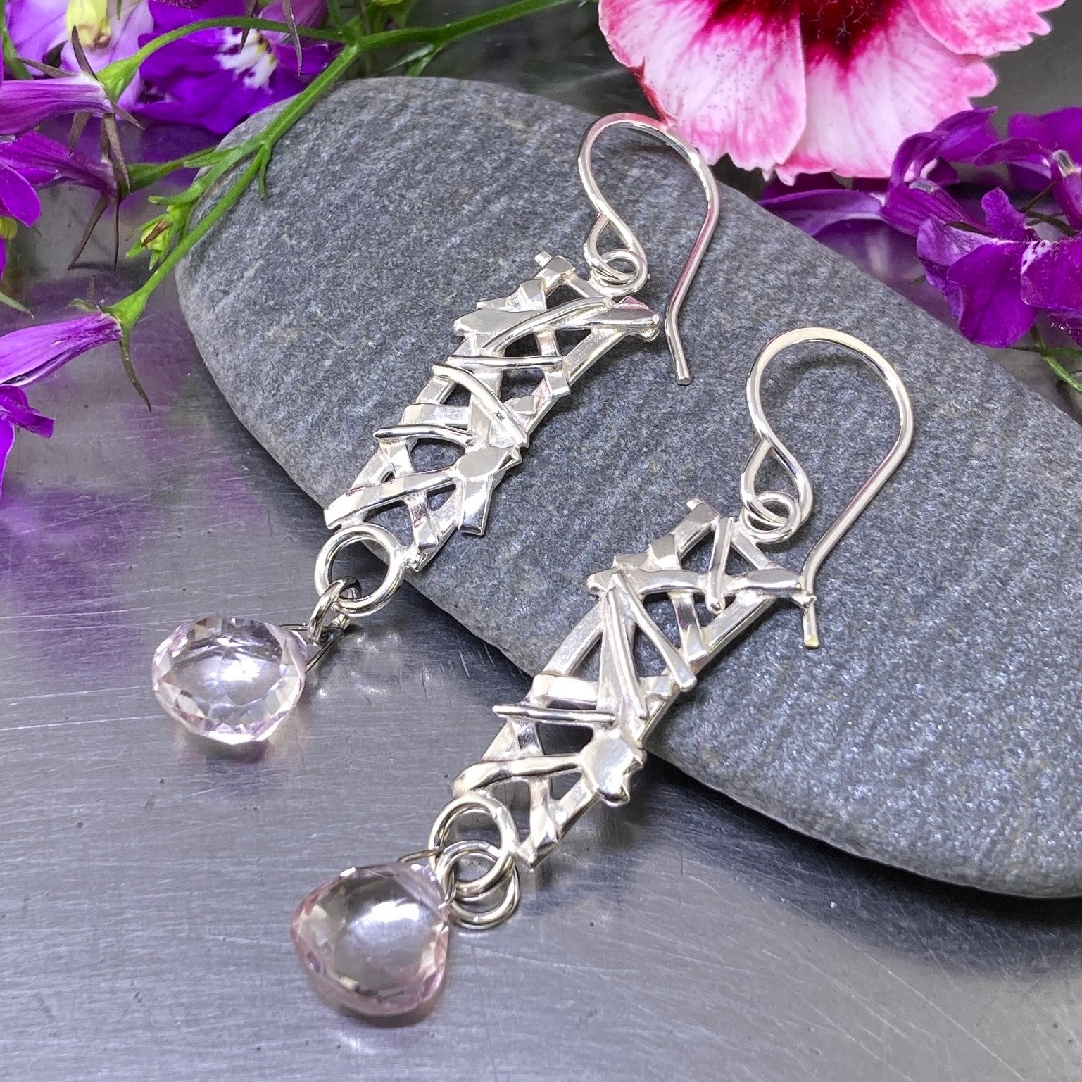 gemstone earrings – twig rectangles – Argentium silver - Image 3