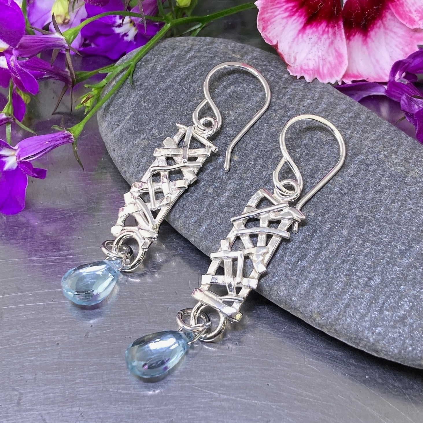 gemstone earrings – twig rectangles – Argentium silver - Image 5