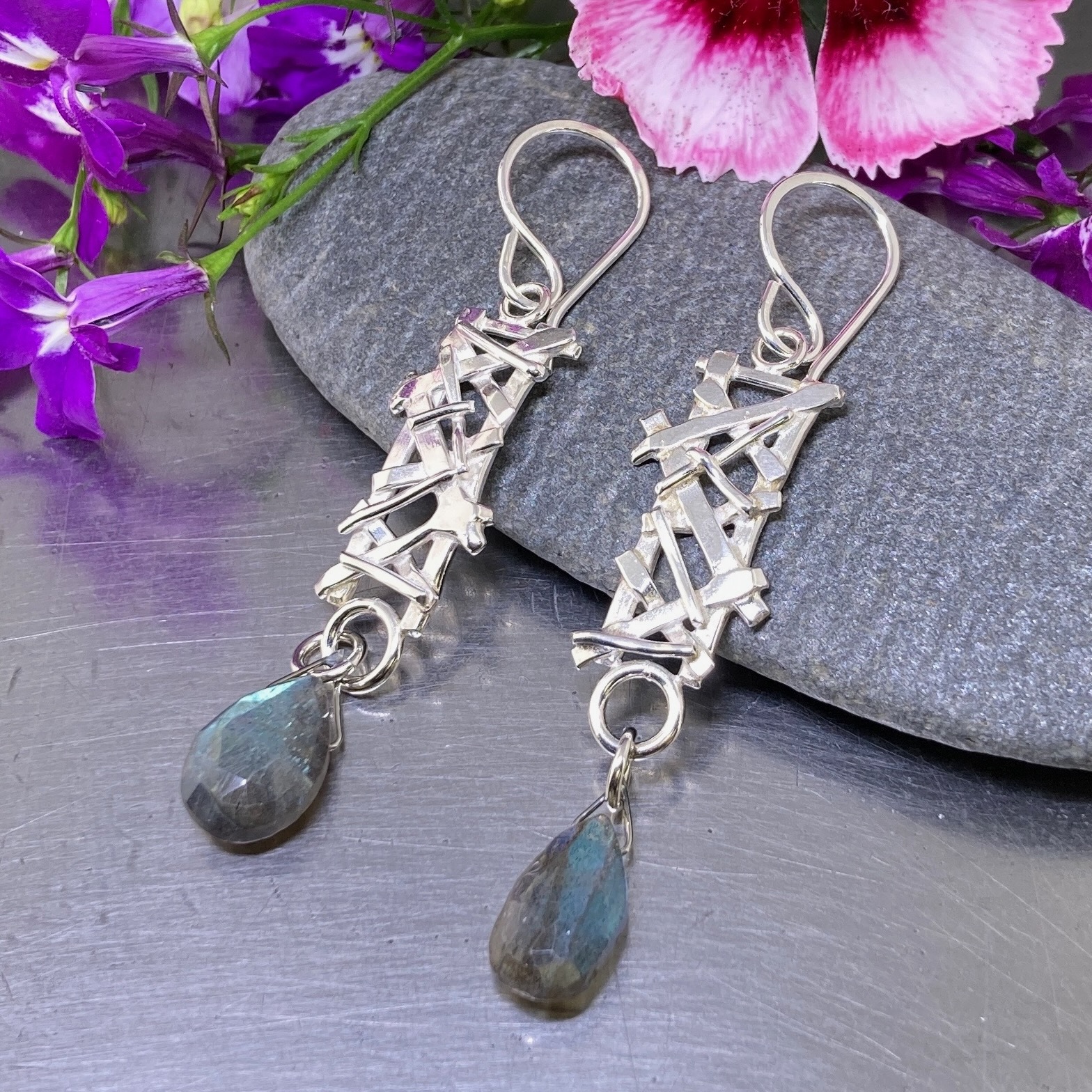 gemstone earrings – twig rectangles – Argentium silver - Image 7