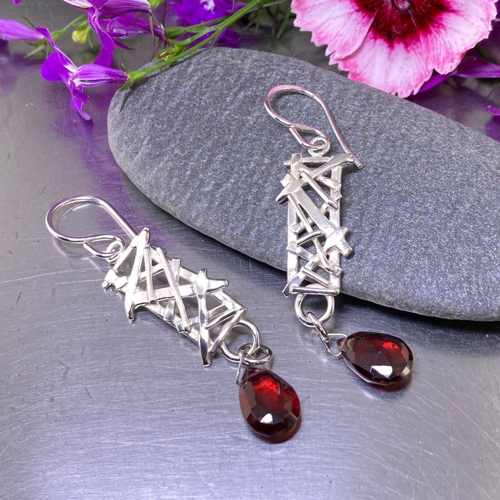 gemstone earrings – twig rectangles – Argentium silver - Image 9