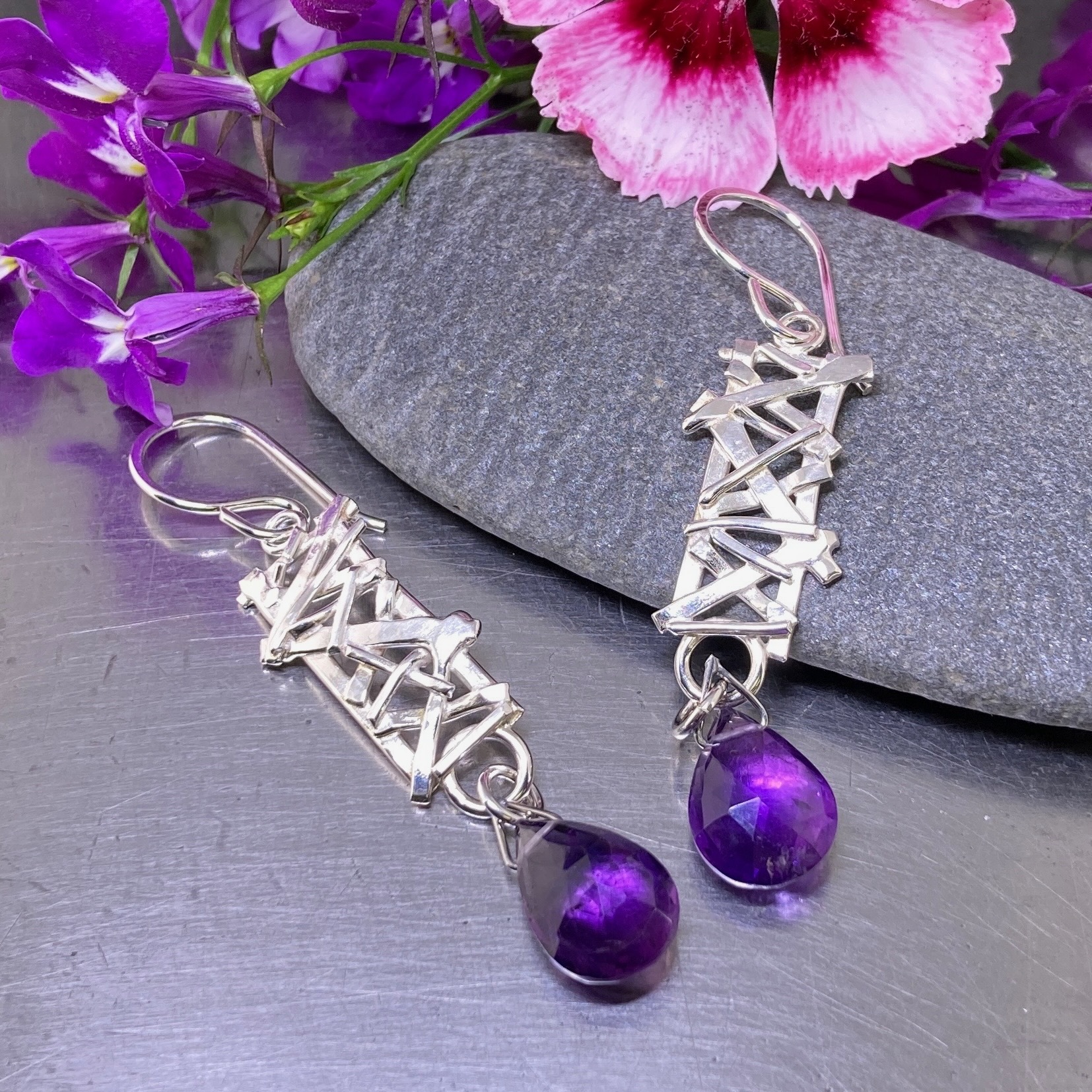 gemstone earrings – twig rectangles – Argentium silver