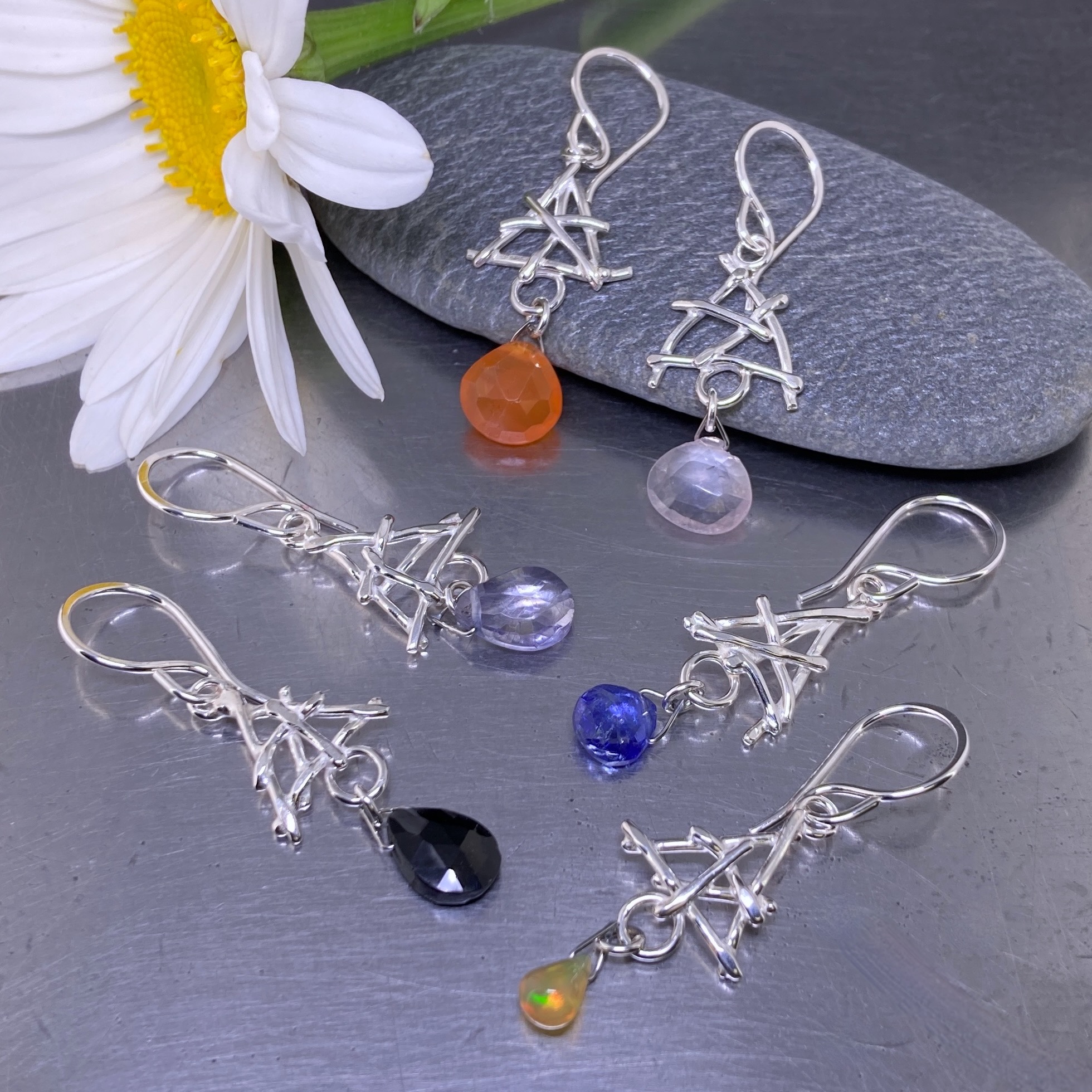 gemstone earrings - triangle twigs