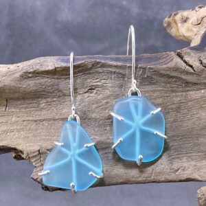 beach glass earrings - wire wrap - turquoise blue - Argentium silver