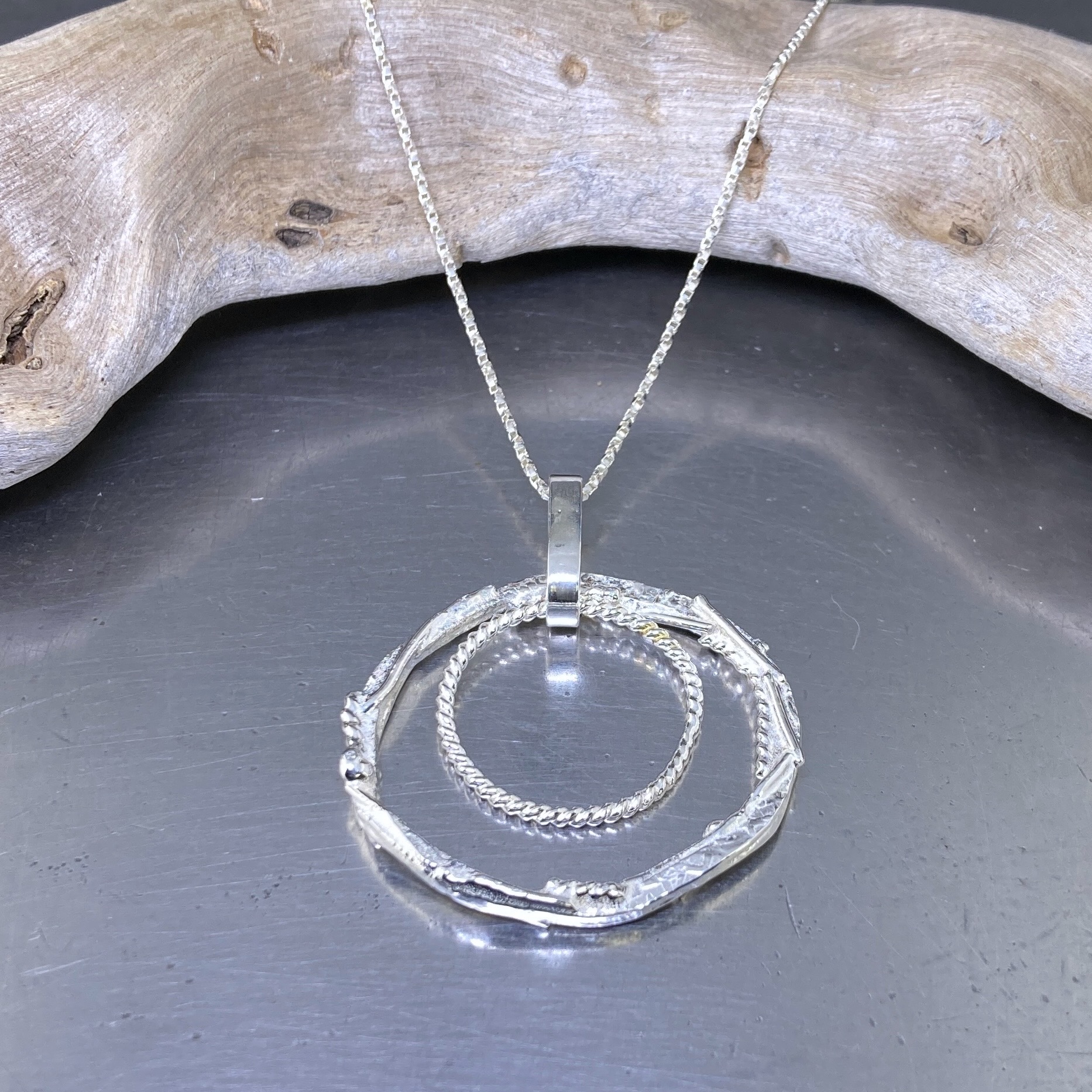 freeform circle pendant – double hollow boulder - Argentium silver