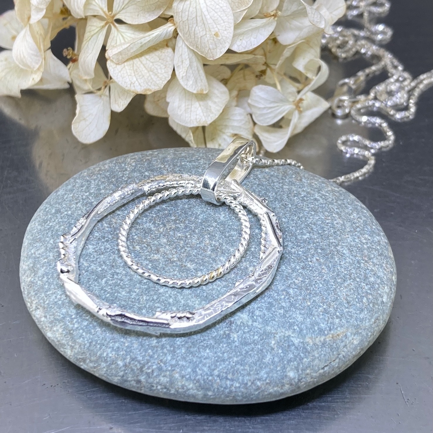 freeform circle pendant – double hollow boulder - Argentium silver - Image 3