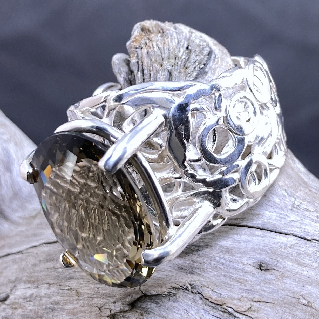 Smoky Quartz Ring – Size 11.25 – Argentium Silver Pebbles Band – 13 Carat - Image 2