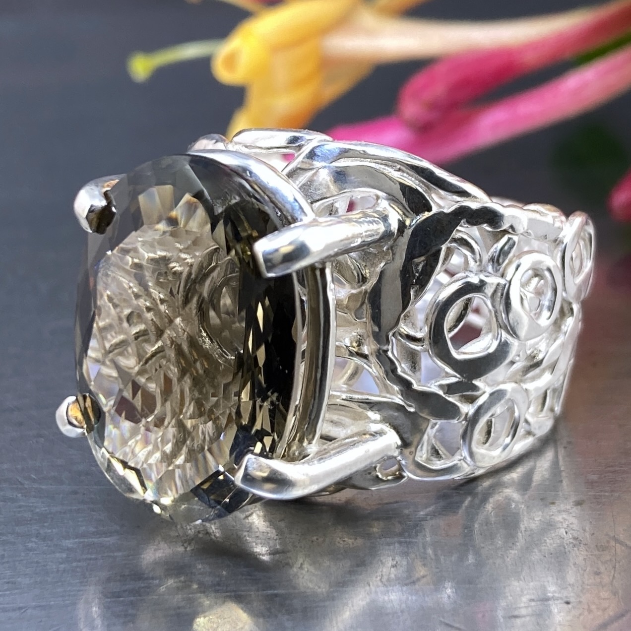 Smoky Quartz Ring – Size 11.25 – Argentium Silver Pebbles Band – 13 Carat