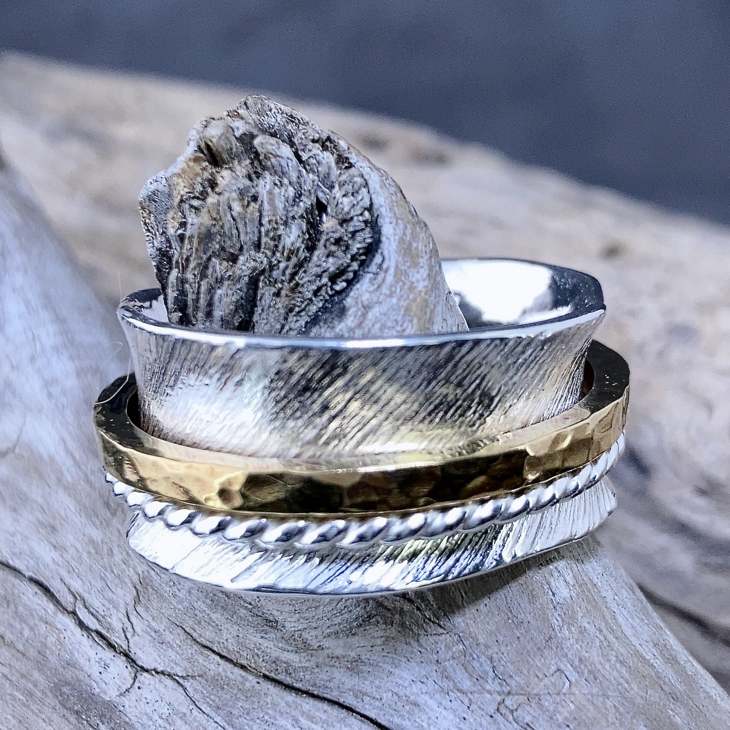 spinner ring - Argentium silver and brass - size 9.75