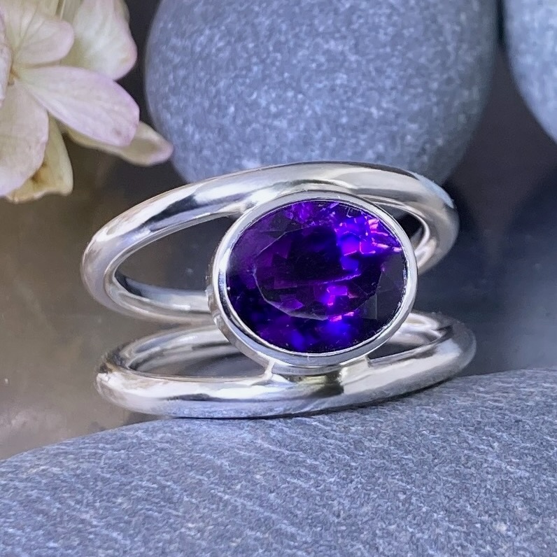 Amethyst Ring – Size 11.25 – Argentium Silver Round Double-Band – 4.5 Carat