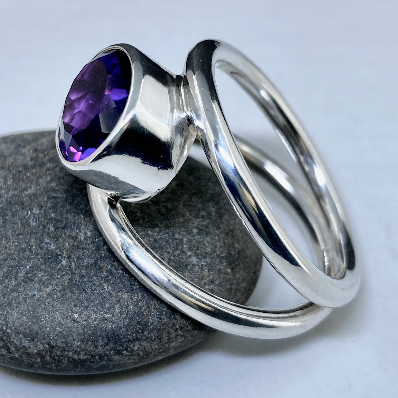 Amethyst Ring – Size 11.25 – Argentium Silver Round Double-Band – 4.5 Carat - Image 2