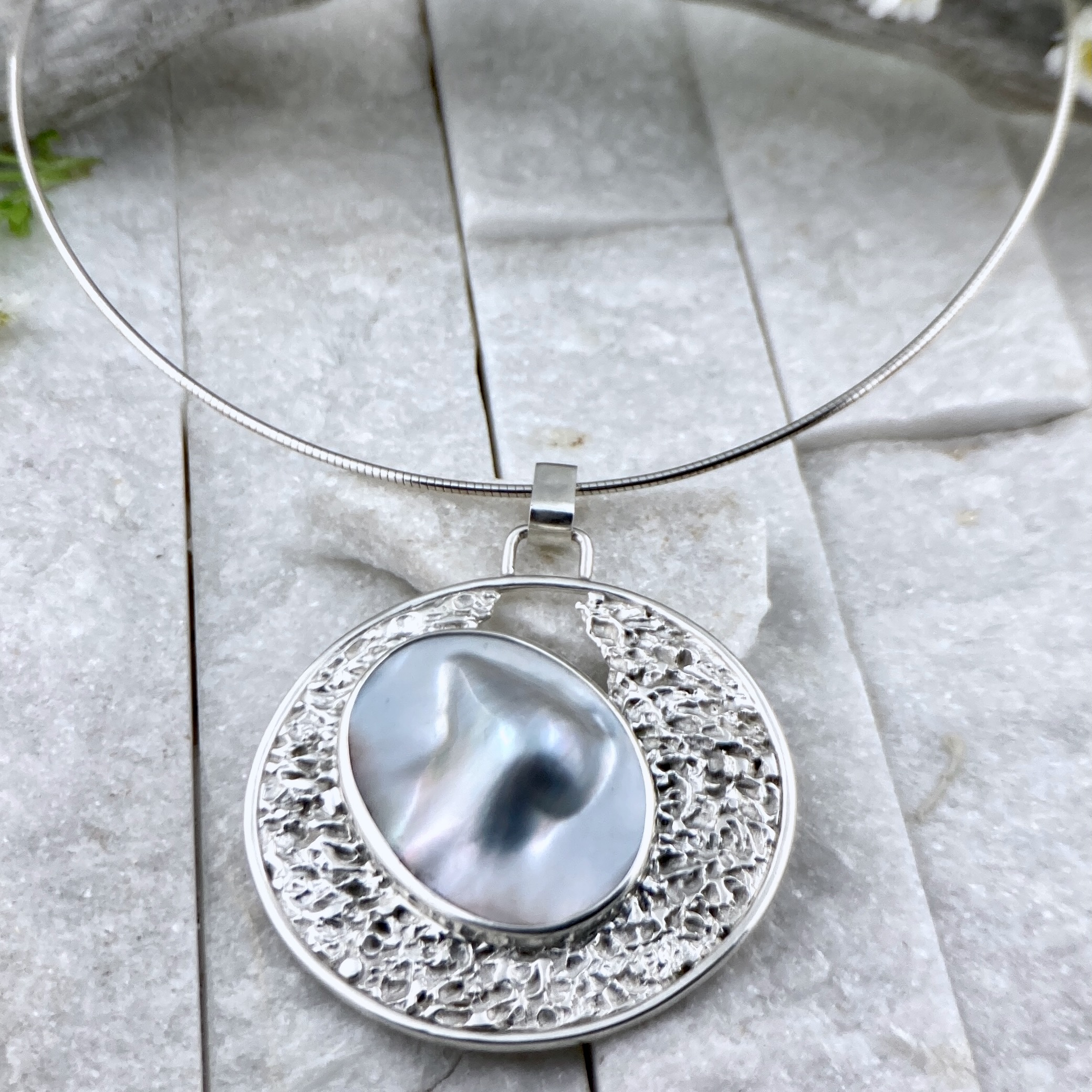 pearl blister pendant - Argentium silver full moon