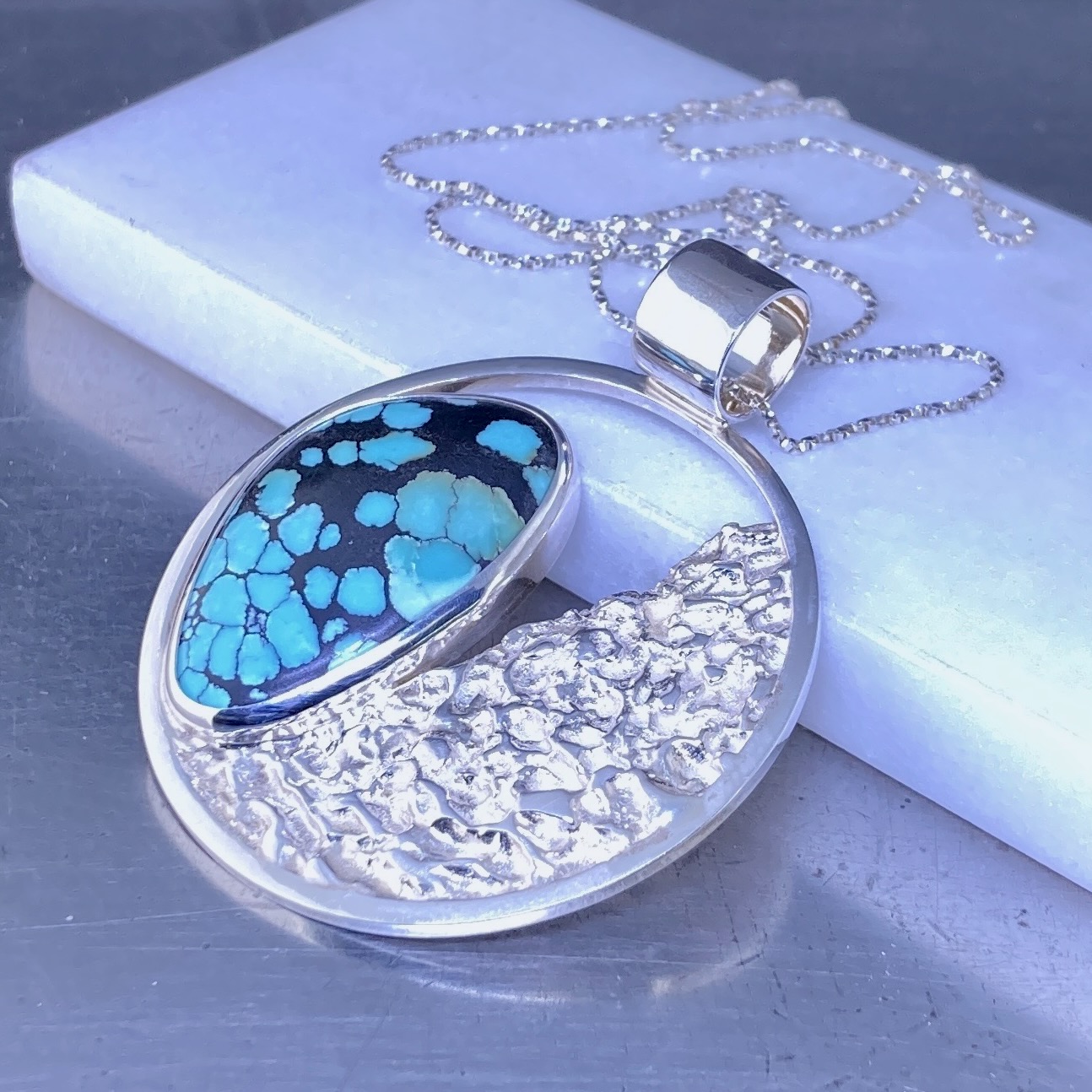turquoise pendant - sun and moon - Argentium silver