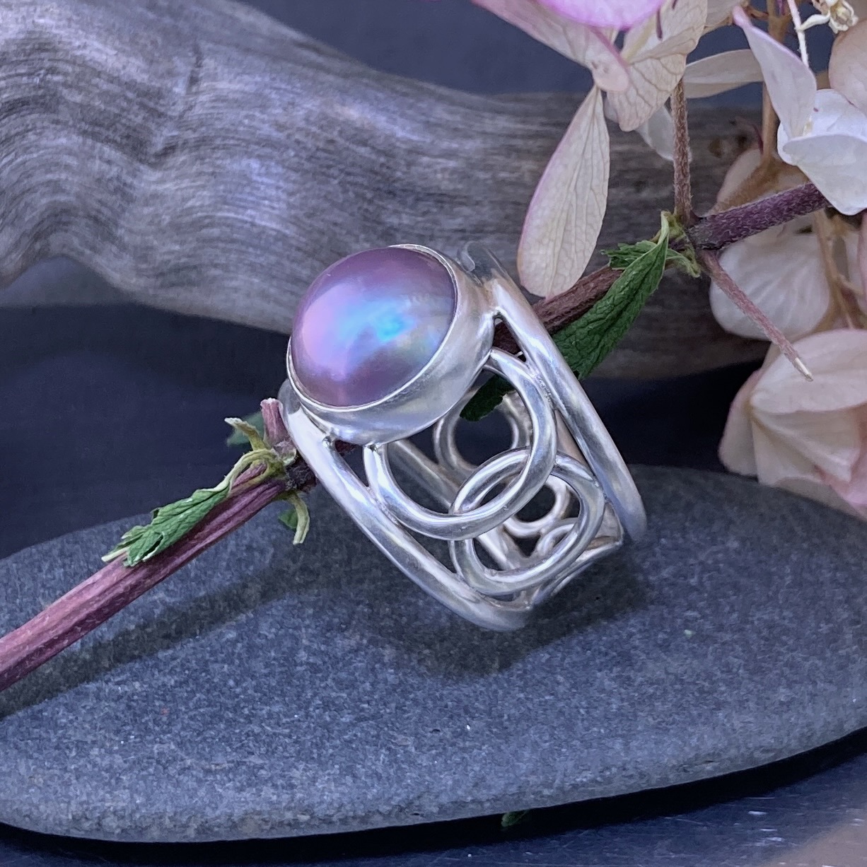 Mabe’ Pearl Ring – Size 9.25 – Argentium Silver Boulder Band - Image 5