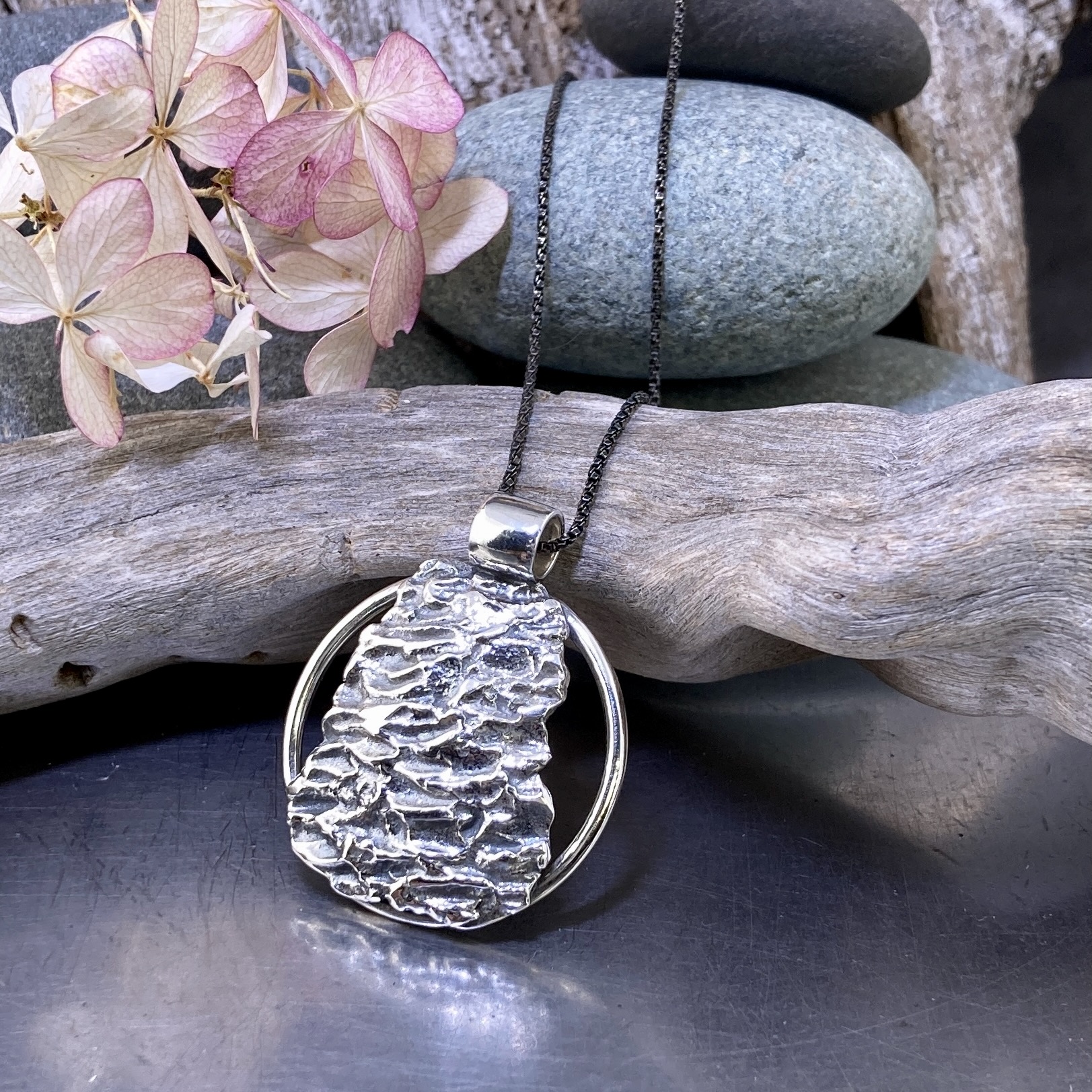 lunar and sun pendant - Argentium silver - antique