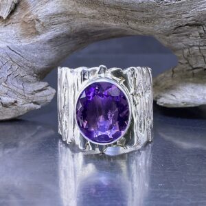 Amethyst Ring – Size 8.75 – Argentium Silver Bark Band – 7 Carat