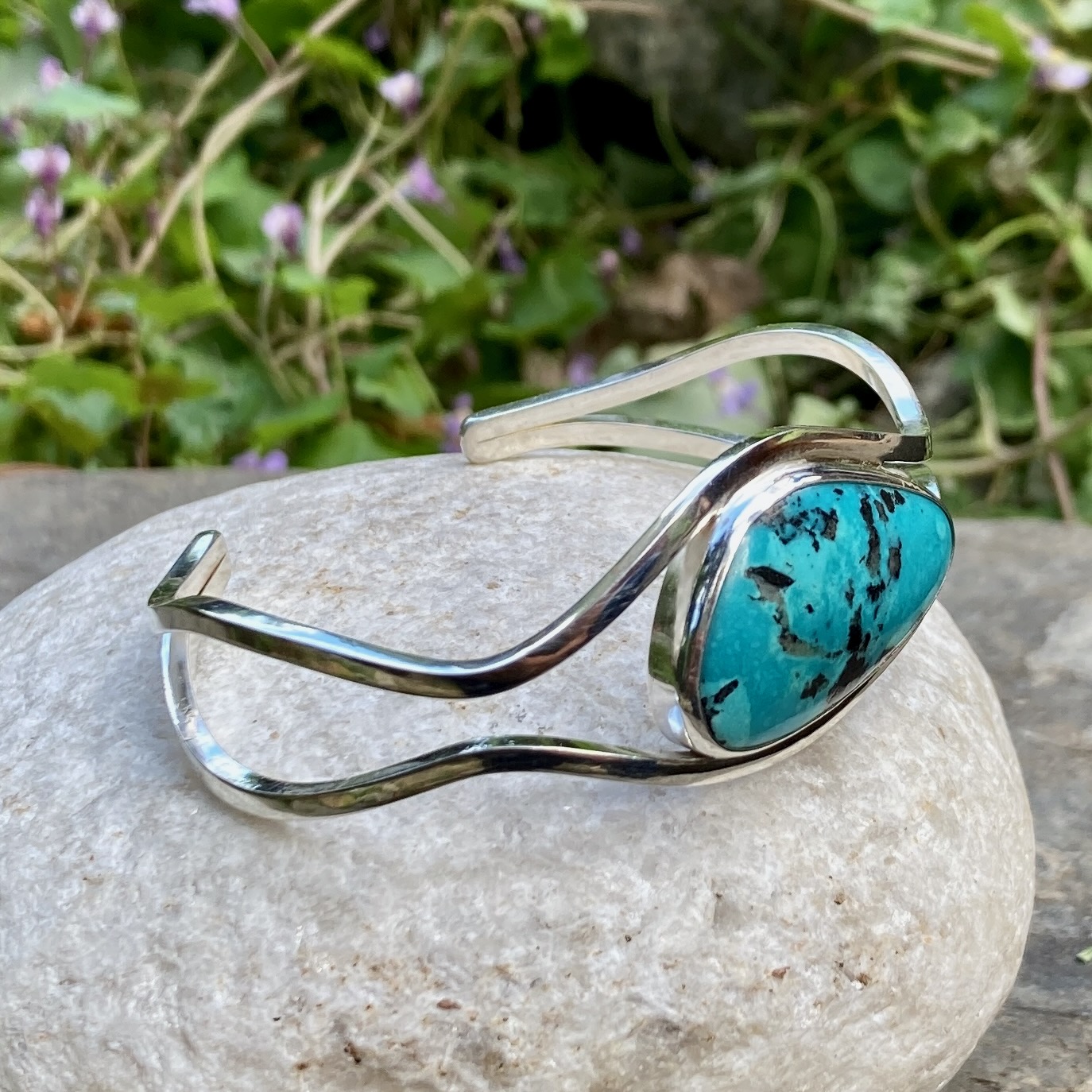 Turquoise Argentium Silver Cuff Bracelet – Small - Polished - Image 3
