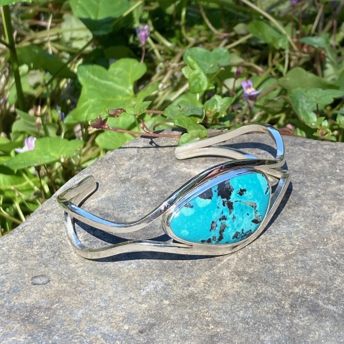 Turquoise Argentium Silver Cuff Bracelet – Small - Polished - Image 2
