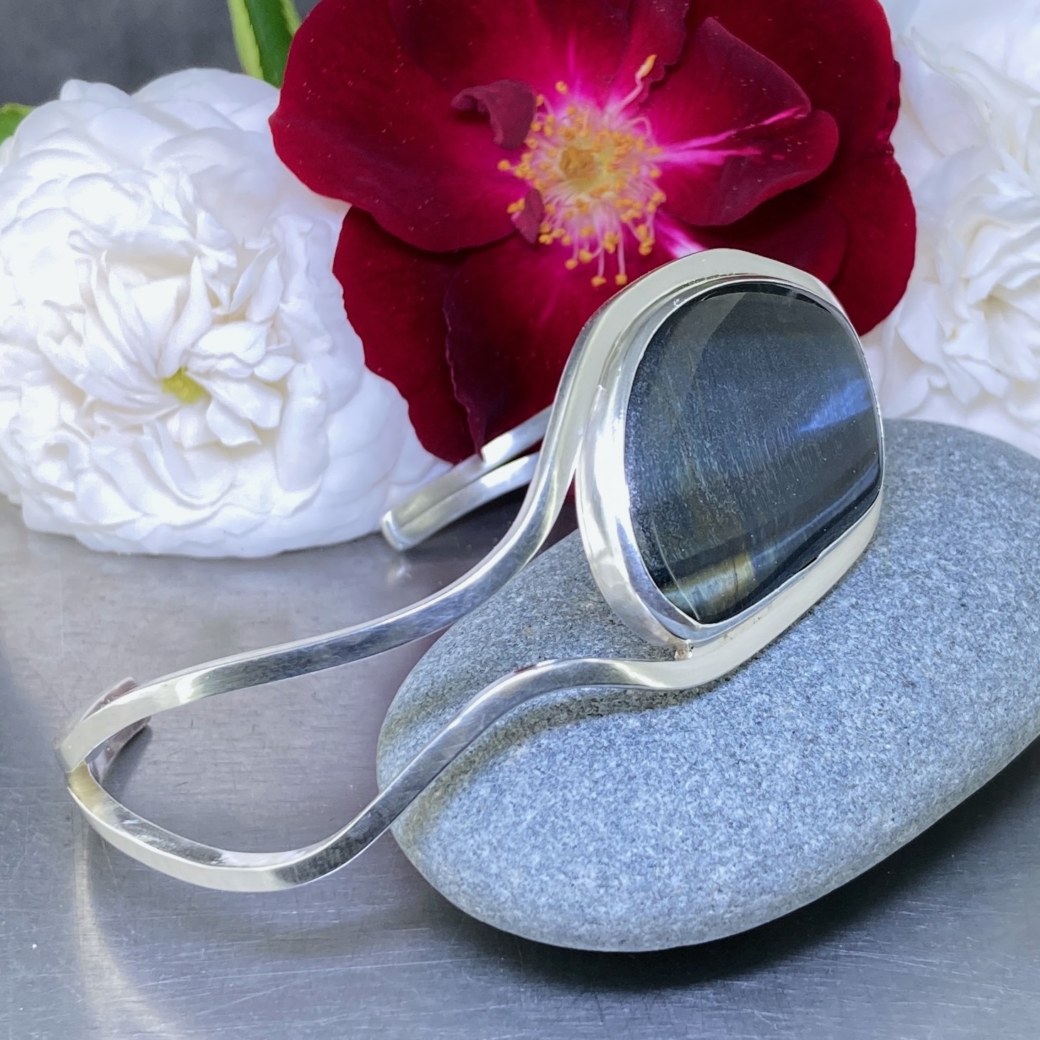 Hawk’s Eye Argentium Silver Cuff Bracelet – XLarge - Image 4