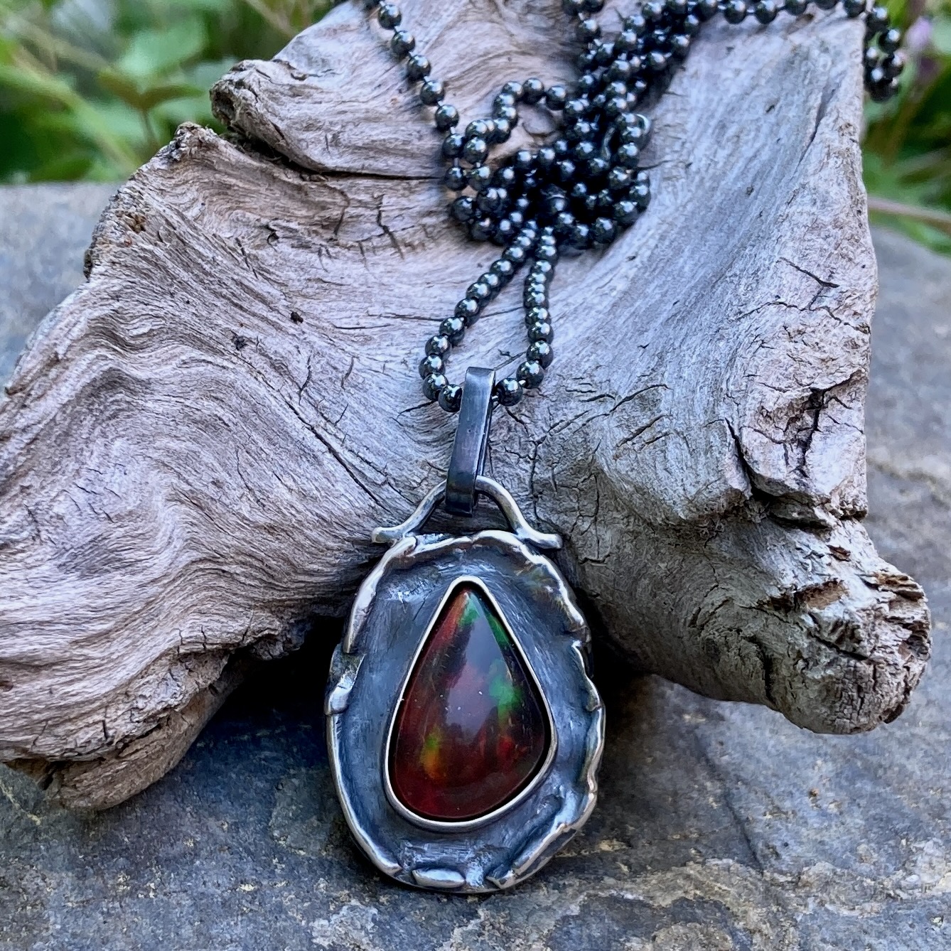 black opal pendant – Argentium silver wax seal – antique - Image 2