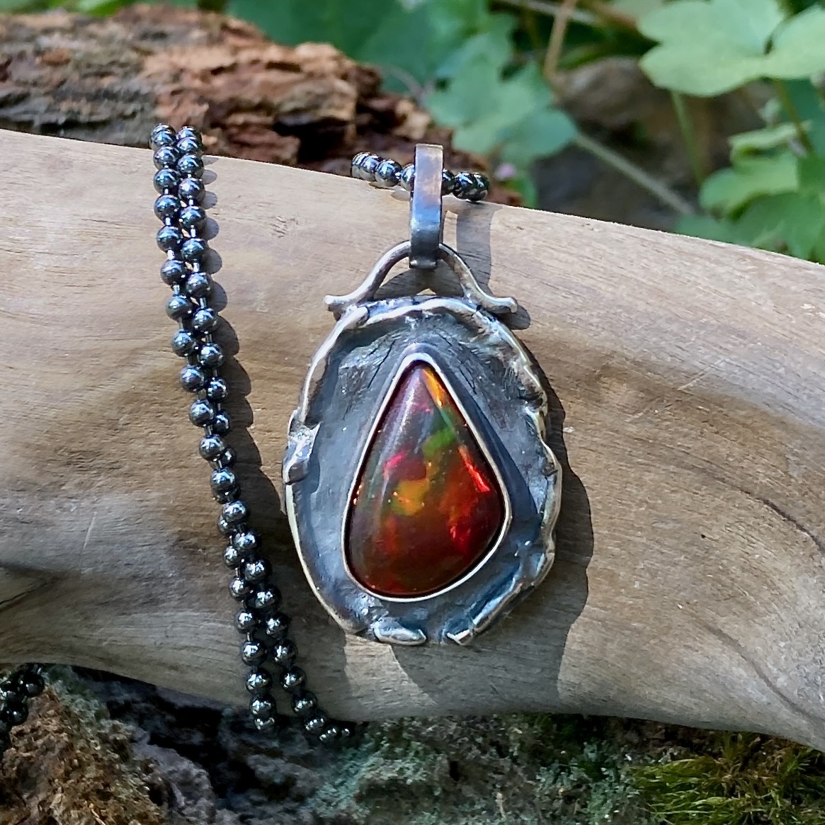 black opal pendant – Argentium silver wax seal – antique