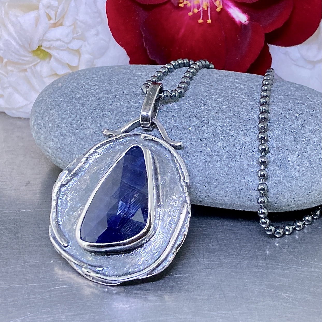 sapphire pendant – Argentium silver wax seal – antique