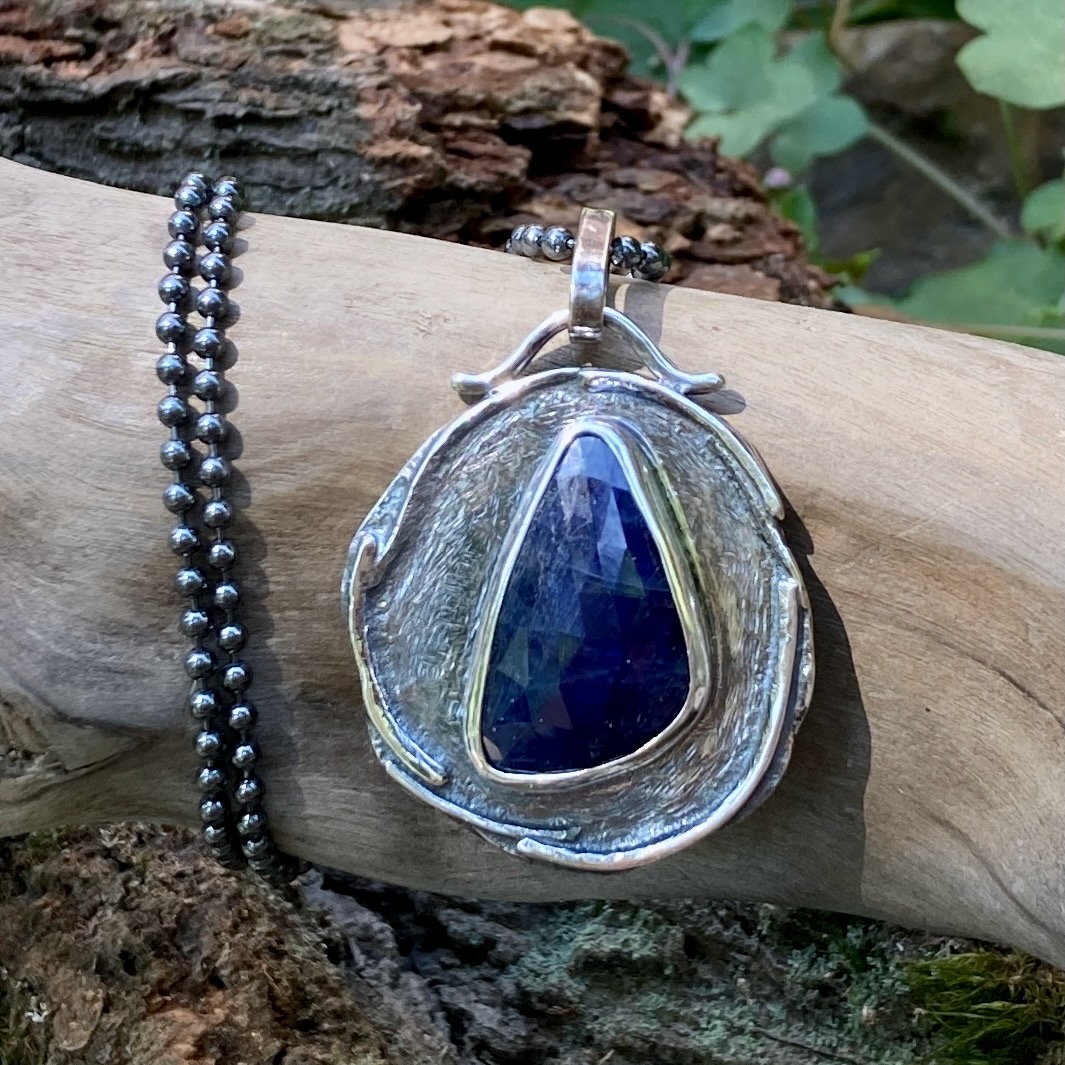 sapphire pendant – Argentium silver wax seal – antique - Image 2