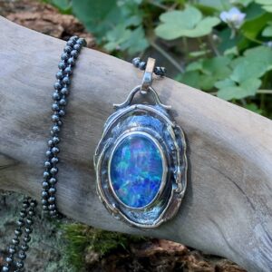 opal pendant - Argentium silver wax seal - antique