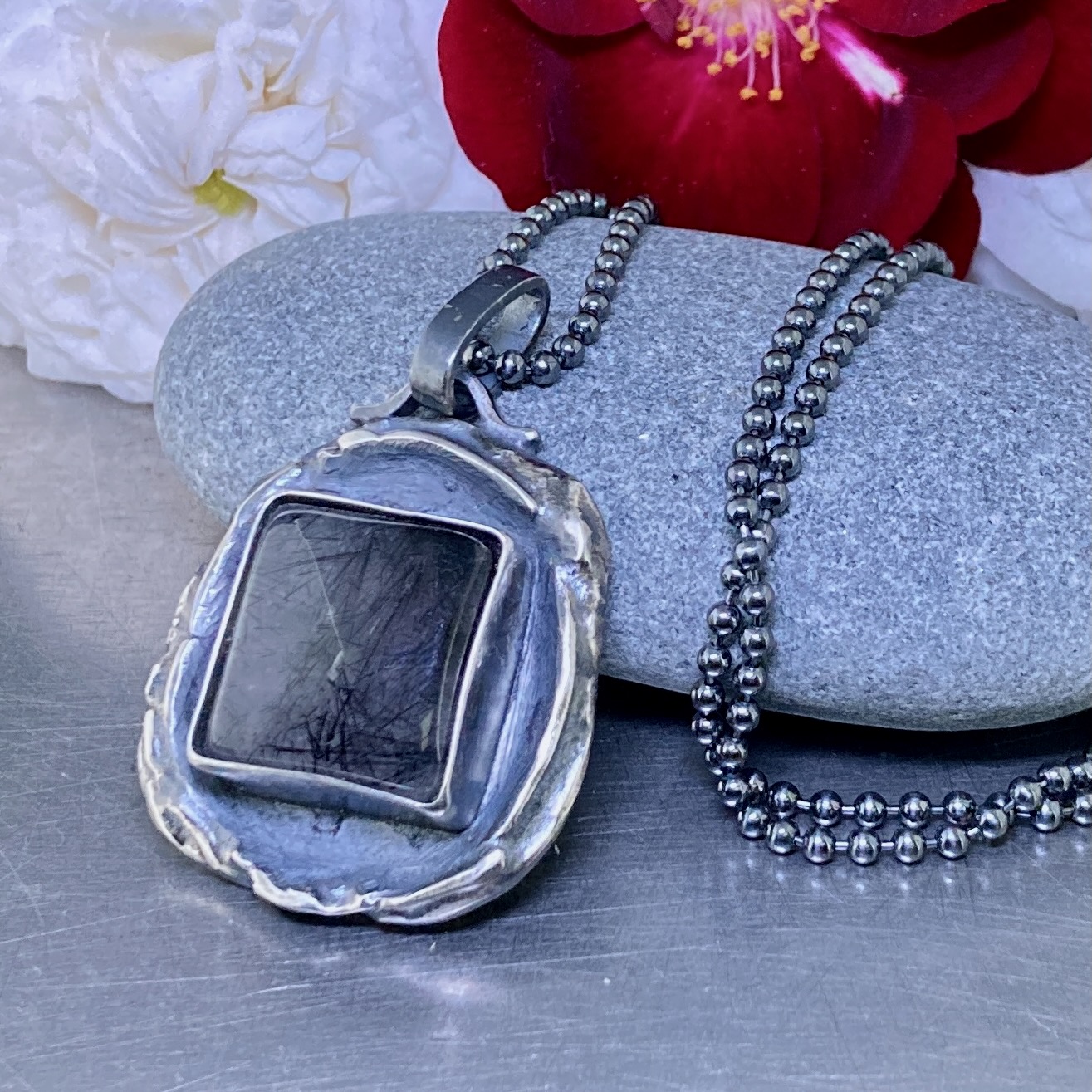 tourmilated quartz pendant - Argentium silver wax seal - antique - Image 2