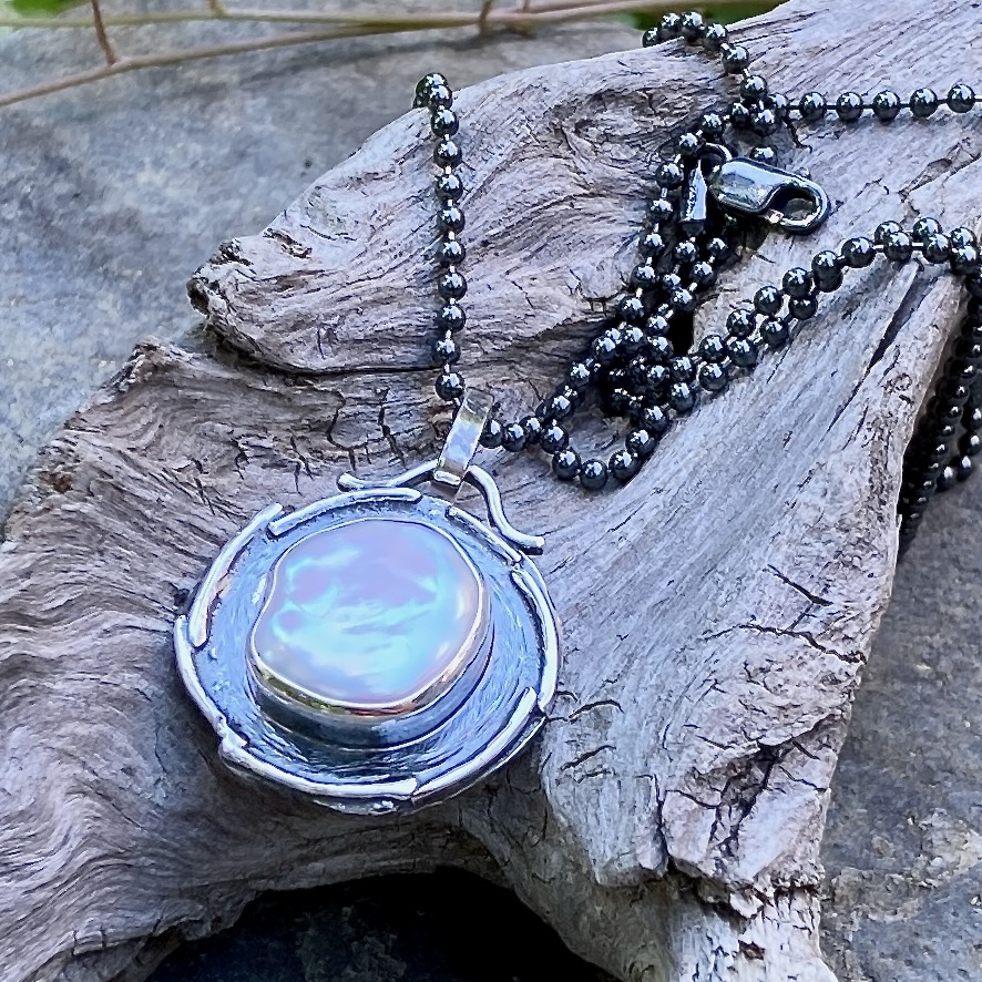 Keshi pearl pendant - Argentium silver wax seal - antique - Image 2