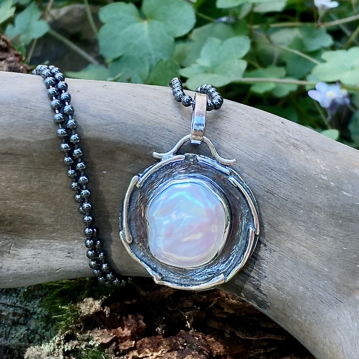 Keshi pearl pendant - Argentium silver wax seal - antique