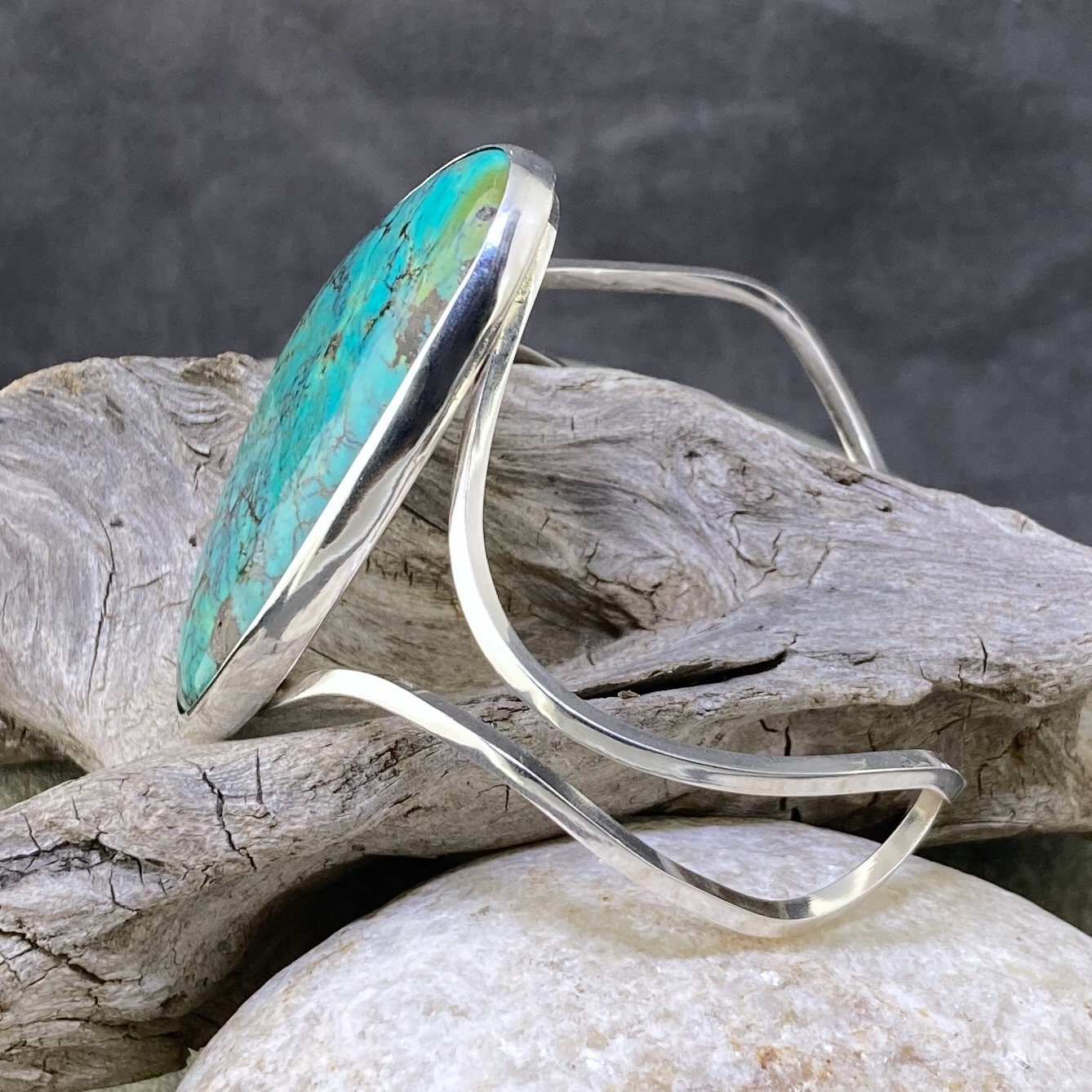 Turquoise Argentium Silver Cuff Bracelet – Large - Polished - Image 4