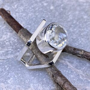 White Topaz Ring – Size 6.25 – Argentium Silver Square Double-Band – 9.5 carat
