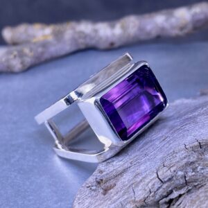 Amethyst Ring – Size 7.5 – Argentium Square Double-Band – 6.25 carat