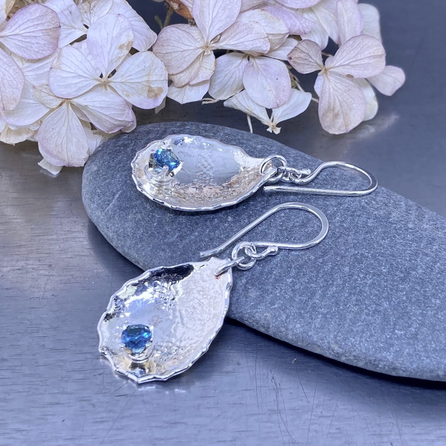 London Blue Topaz Earrings – Waves Teardrop – Argentium Silver